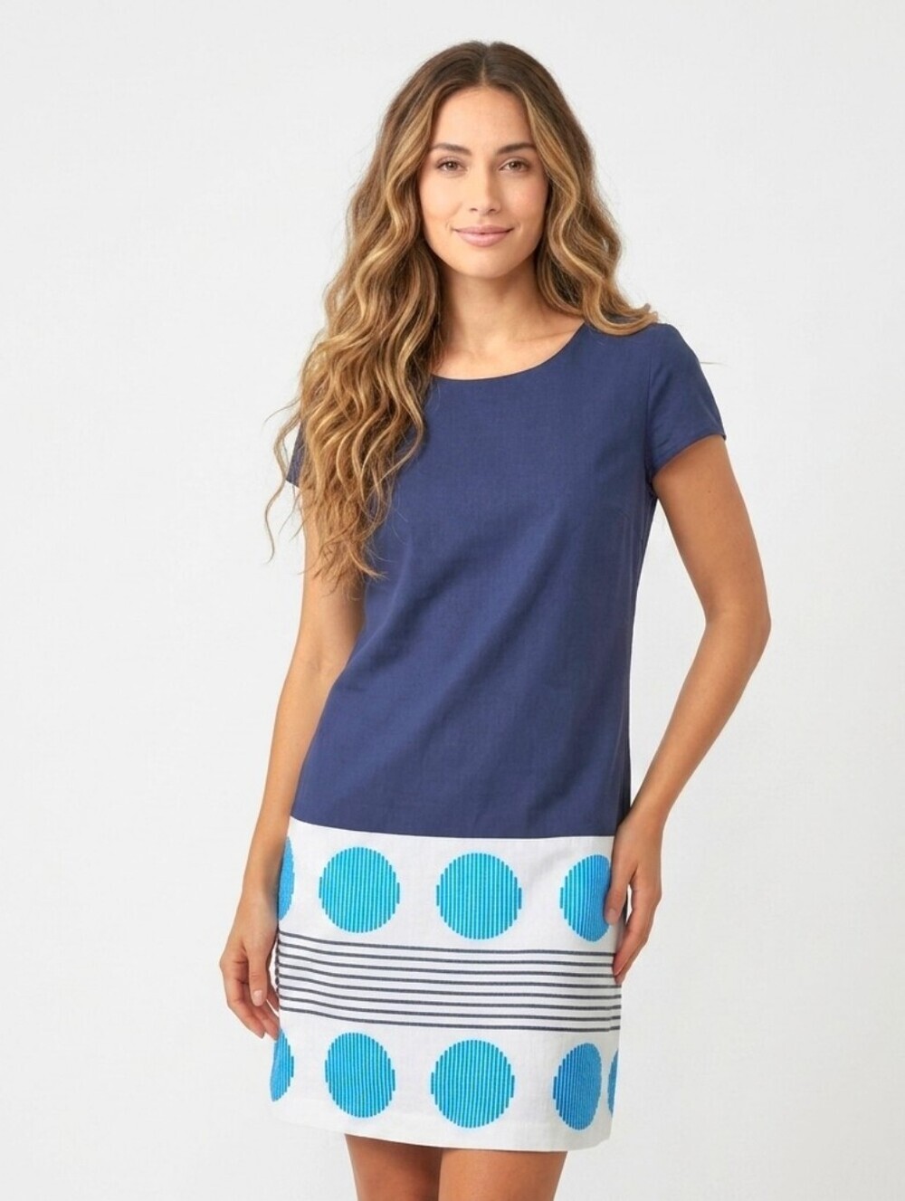 Boden Dress Size 10 Navy White Blue Polka Dot Stripe Border Side Zip Cotton